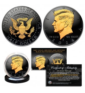 Black RUTHENIUM 2-SIDED 2024 Kennedy Half Dollar U.S. Coin with 24K Gold Clad JFK Portrait on Obverse & Reverse (P Mint)