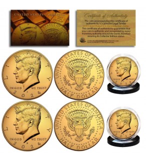 24K GOLD PLATED 2024 JFK Kennedy Half Dollar U.S. 2-Coin Set - Both P & D MINT - with Capsules and COA