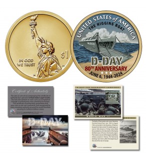 WWII D-DAY Normandy Invasion 80th ANNIVERSARY 1944-2024 American Innovation Higgins Boat $1 Dollar Coin & Card
