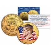 Colorized - FLOWING FLAG - 2016 JFK Kennedy Half Dollar US Coin (P Mint) - 24K Gold Plated