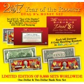 2017 YEAR OF THE ROOSTER $1 & $2 Chinese New Year Lucky Money Set - DUAL 8’s GOLD MATCHING ROOSTER’s Packaged in EXCLUSIVE Premium RED LUNAR ENVELOPE – Limited Edition of 8,888 Sets Worldwide SOLD OUT