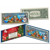 MERRY CHRISTMAS Keepsake Gift Colorized $1 Bill U.S. Legal Tender - SANTA & SNOWMAN