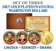 OBAMA - KENNEDY - LINCOLN - Presidential $1 U.S. Dollar Colorized 3-Coin Set 24K Gold Plated 